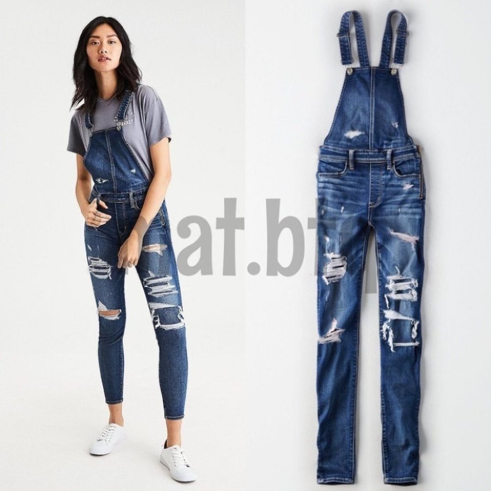 American Eagle Distressed Jegging Denim Overall